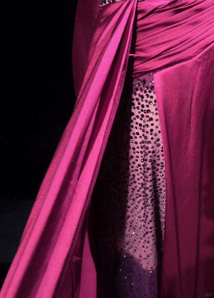Vintage A Line Sweetheart Beaded Slit Satin Pink Long Evening Dress