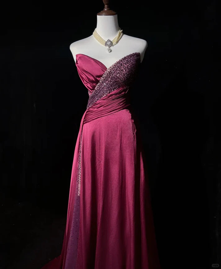 Vintage A Line Sweetheart Beaded Slit Satin Pink Long Evening Dress