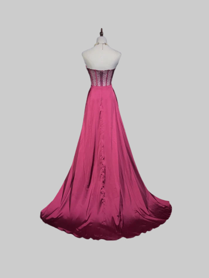 Vintage A Line Sweetheart Beaded Slit Satin Pink Long Evening Dress