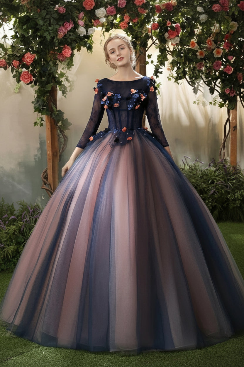 Vintage A line Boat Neck 3/4 Sleeve Applique Navy Blue Long Prom Dress