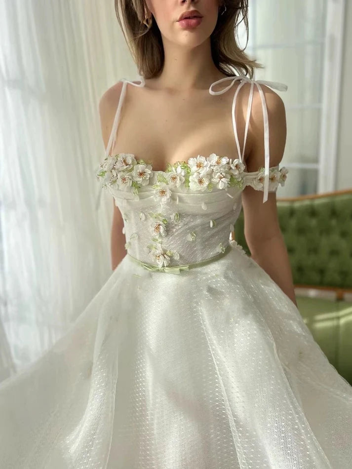 Vintage A line Spaghetti Straps Applique White Long Evening Dress Party Dress