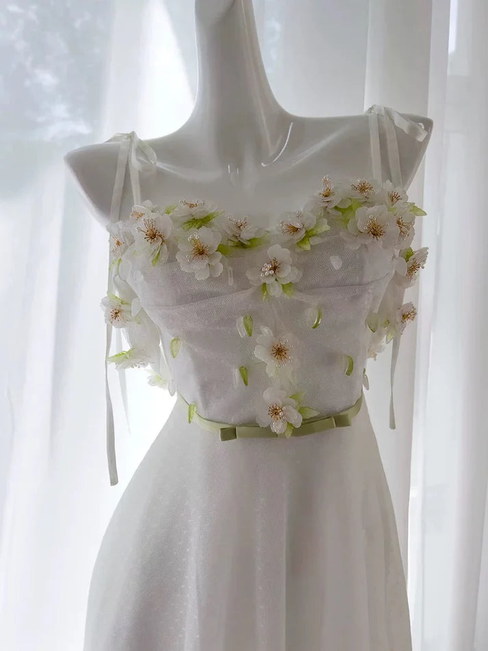 Vintage A line Spaghetti Straps Applique White Long Evening Dress Party Dress