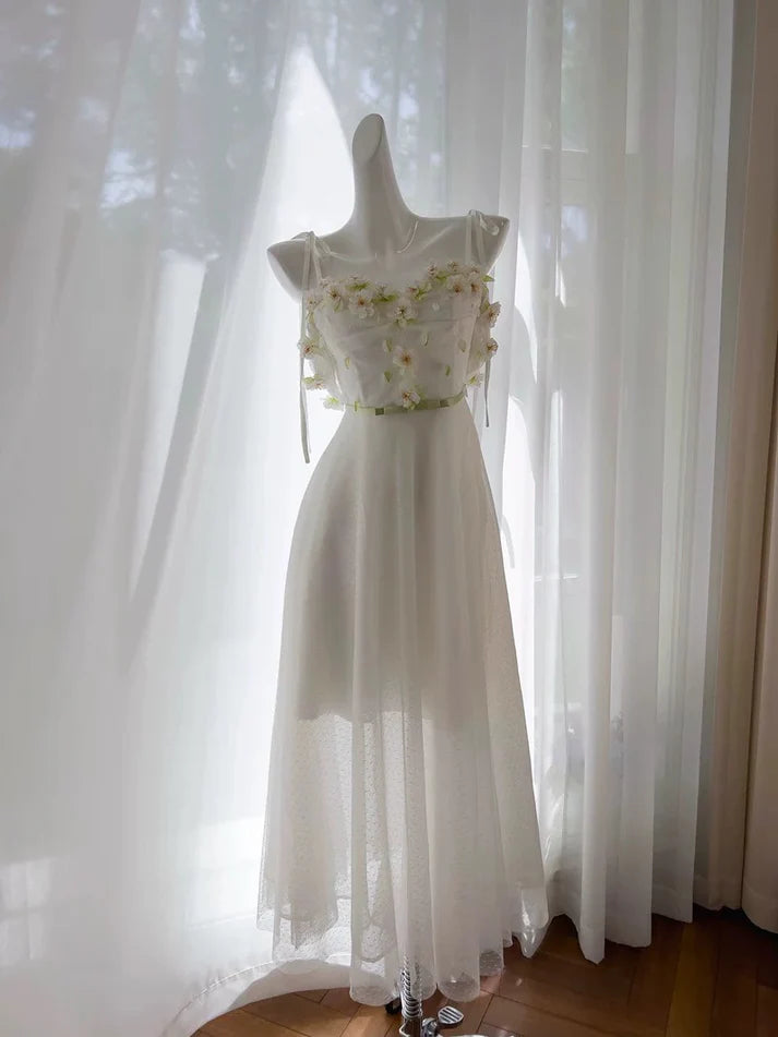 Vintage A line Spaghetti Straps Applique White Long Evening Dress Party Dress