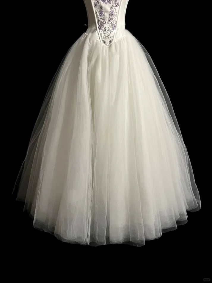 Vintage Ball Gown Off The Shoulder Tulle White Long Evening Dress Party Dress
