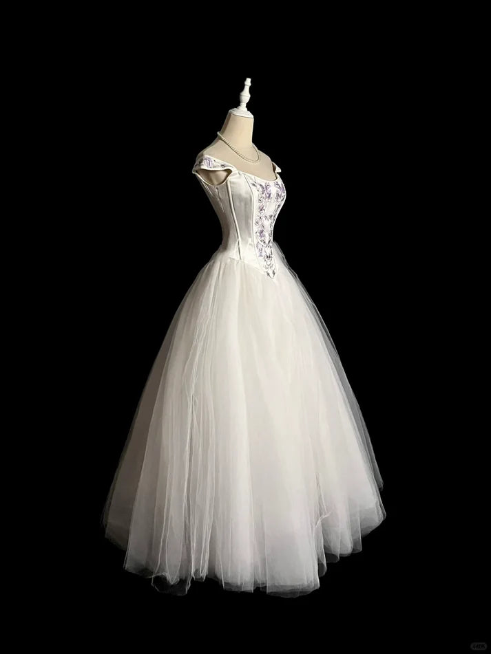 Vintage Ball Gown Off The Shoulder Tulle White Long Evening Dress Party Dress