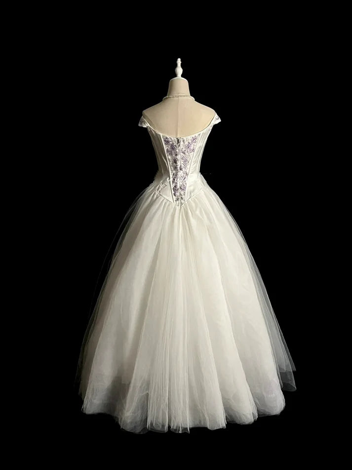 Vintage Ball Gown Off The Shoulder Tulle White Long Evening Dress Party Dress