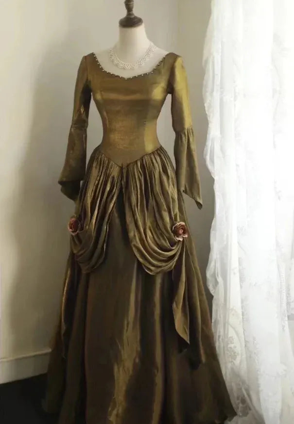 Vintage Ballgown Square Neck Long Sleeve Ruched Satin Bronze Maxi Prom Dress