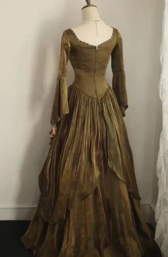 Vintage Ballgown Square Neck Long Sleeve Ruched Satin Bronze Maxi Prom Dress