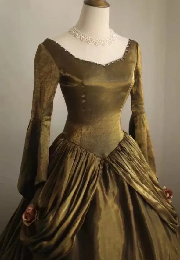 Vintage Ballgown Square Neck Long Sleeve Ruched Satin Bronze Maxi Prom Dress