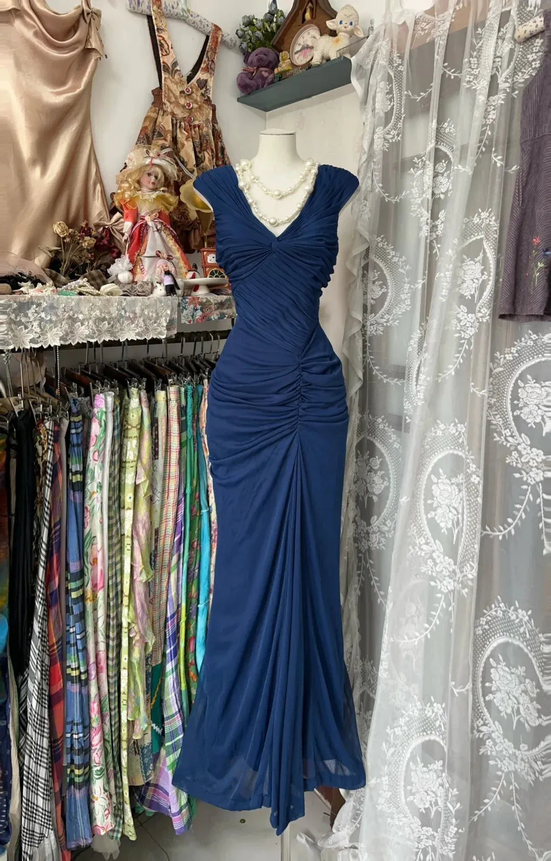 Vintage Chiffon Floor-Length Evening Dress Navy V-Neck Cap-Sleeve for Women