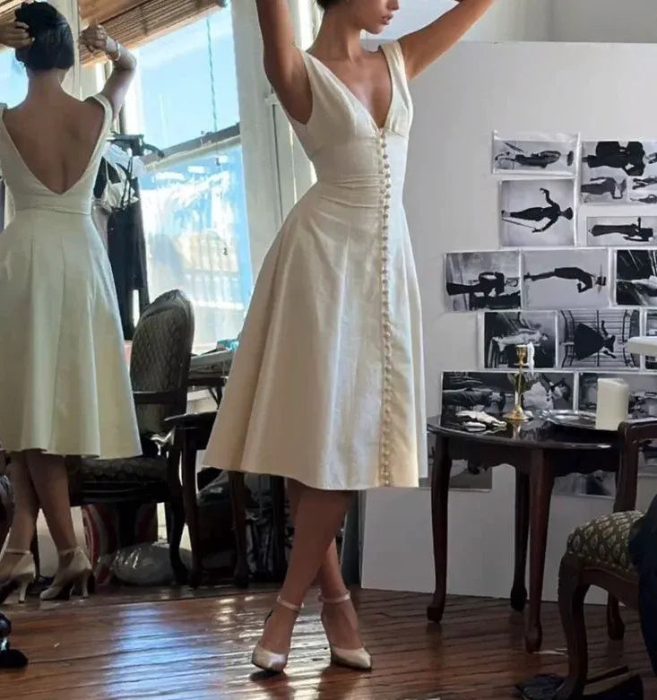 Vintage Linen-Blend Midi Evening Dress Ivory Deep-V Sleeveless for Women