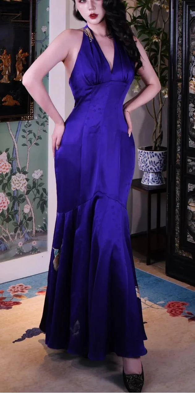 Vintage Mermaid Halter Backless Satin Purple Long Prom Dress Evening Dress