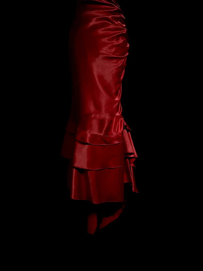 Vintage Mermaid Halter Beaded Satin Red Long Prom Dress Evening Dress