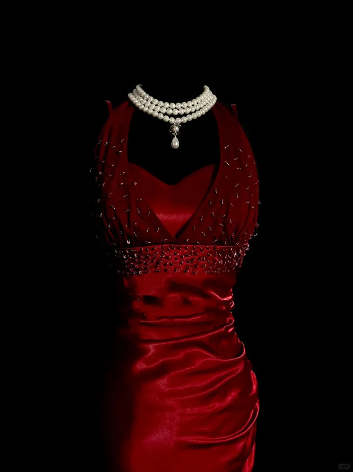 Vintage Mermaid Halter Beaded Satin Red Long Prom Dress Evening Dress