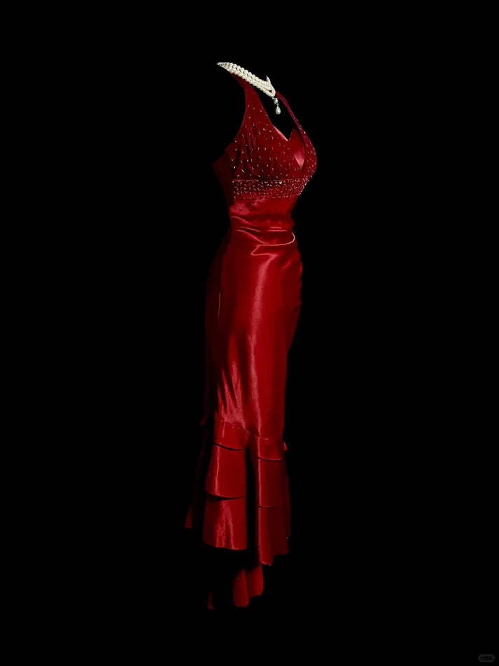Vintage Mermaid Halter Beaded Satin Red Long Prom Dress Evening Dress