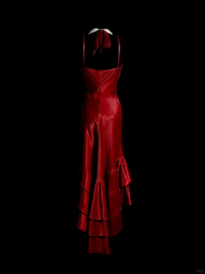 Vintage Mermaid Halter Beaded Satin Red Long Prom Dress Evening Dress