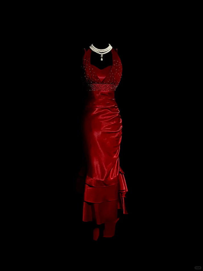 Vintage Mermaid Halter Beaded Satin Red Long Prom Dress Evening Dress