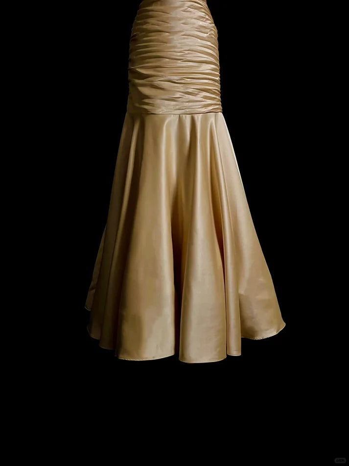 Vintage Mermaid Halter Pleated Beaded Satin Gold Prom Dress Evening Dress