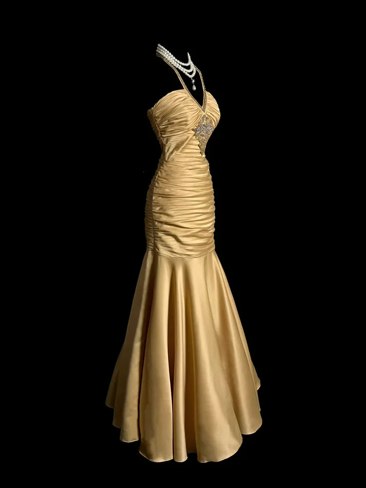 Vintage Mermaid Halter Pleated Beaded Satin Gold Prom Dress Evening Dress