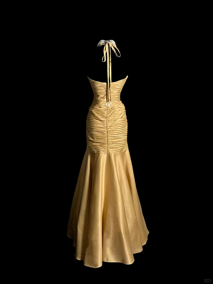 Vintage Mermaid Halter Pleated Beaded Satin Gold Prom Dress Evening Dress