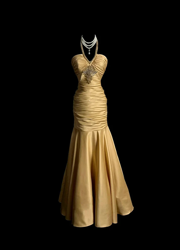 Vintage Mermaid Halter Pleated Beaded Satin Gold Prom Dress Evening Dress