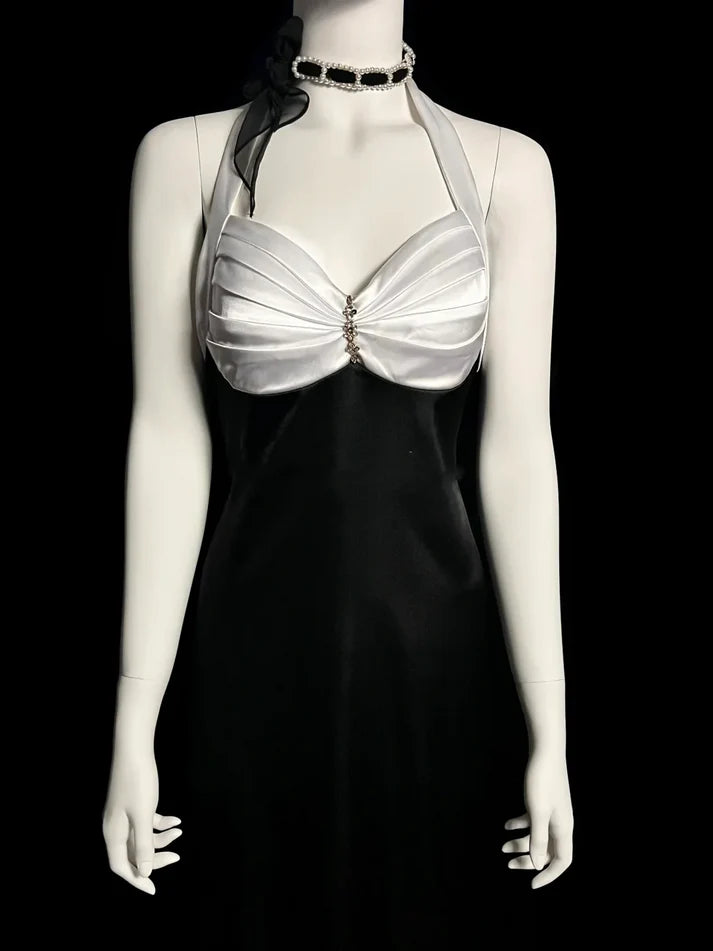 Vintage Mermaid Halter Satin Black Long Evening Dress Party Dress