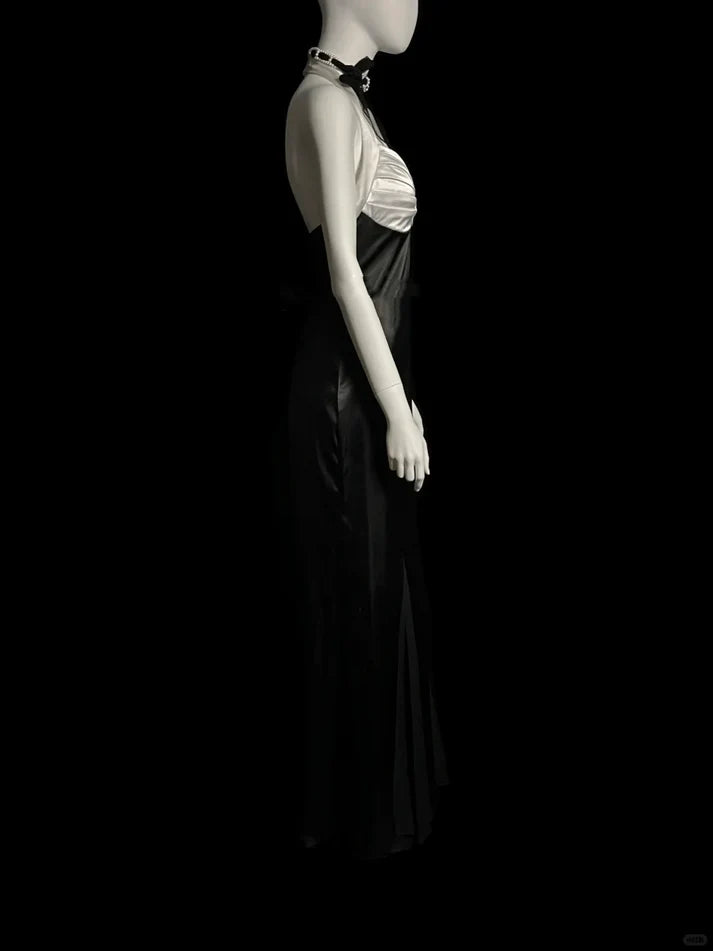Vintage Mermaid Halter Satin Black Long Evening Dress Party Dress