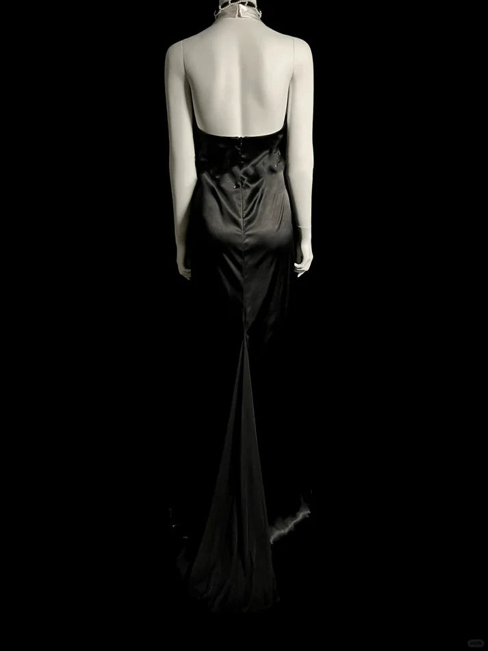 Vintage Mermaid Halter Satin Black Long Evening Dress Party Dress