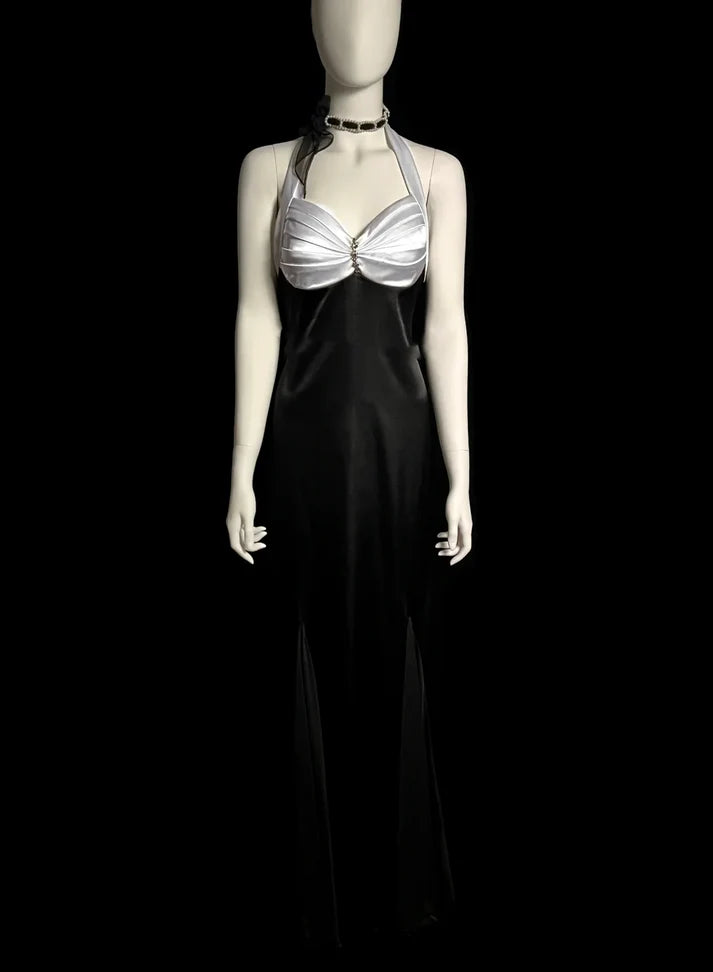Vintage Mermaid Halter Satin Black Long Evening Dress Party Dress