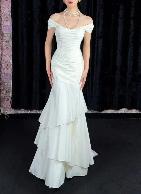 Vintage Mermaid Off-the-shoulder Short-sleeved Ruched Ivory Maxi Prom Dress for Women Custom