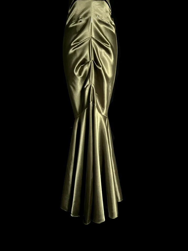 Vintage Mermaid One Shoulder Applique Satin Green Evening Dress Prom Dress