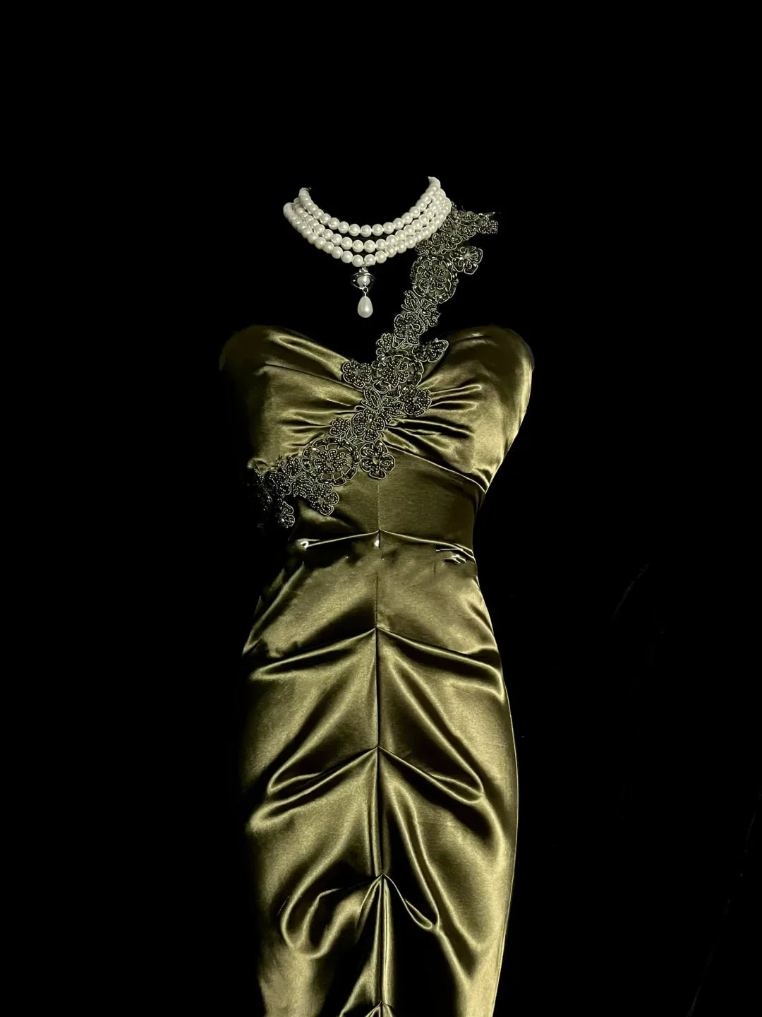 Vintage Mermaid One Shoulder Applique Satin Green Evening Dress Prom Dress