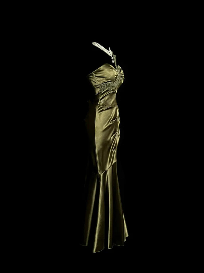 Vintage Mermaid One Shoulder Applique Satin Green Evening Dress Prom Dress