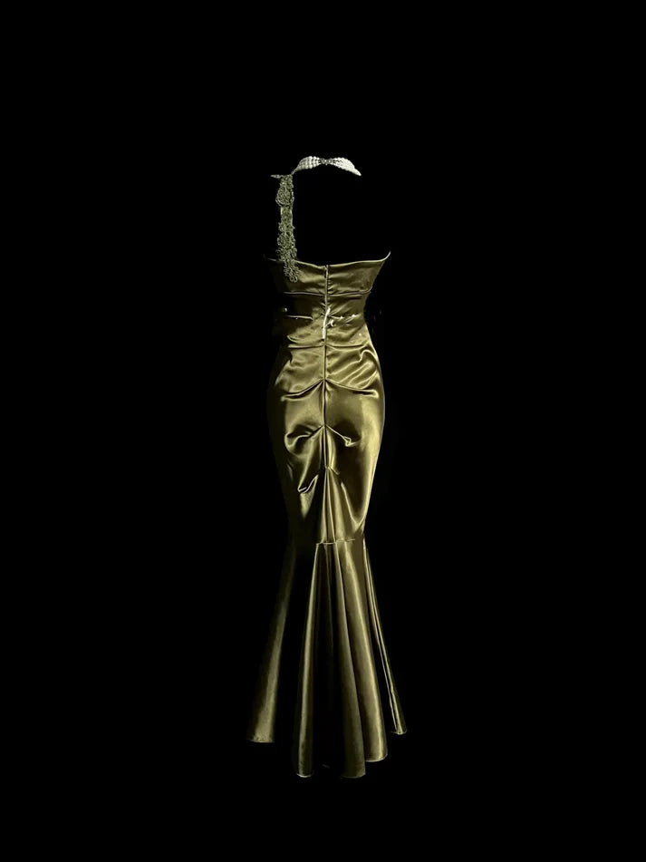 Vintage Mermaid One Shoulder Applique Satin Green Evening Dress Prom Dress