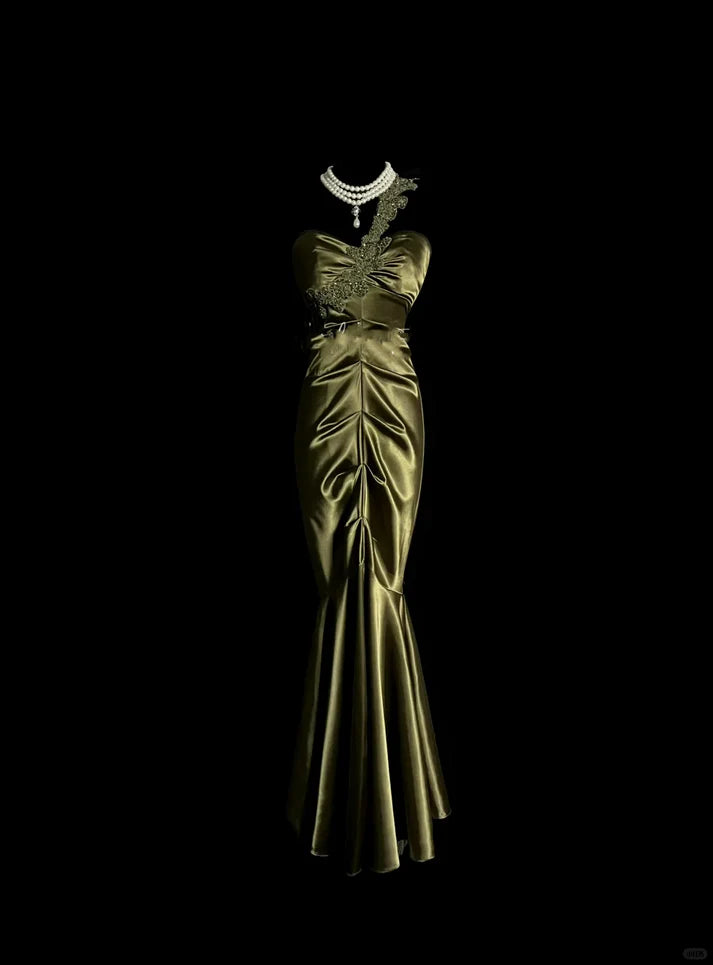 Vintage Mermaid One Shoulder Applique Satin Green Evening Dress Prom Dress