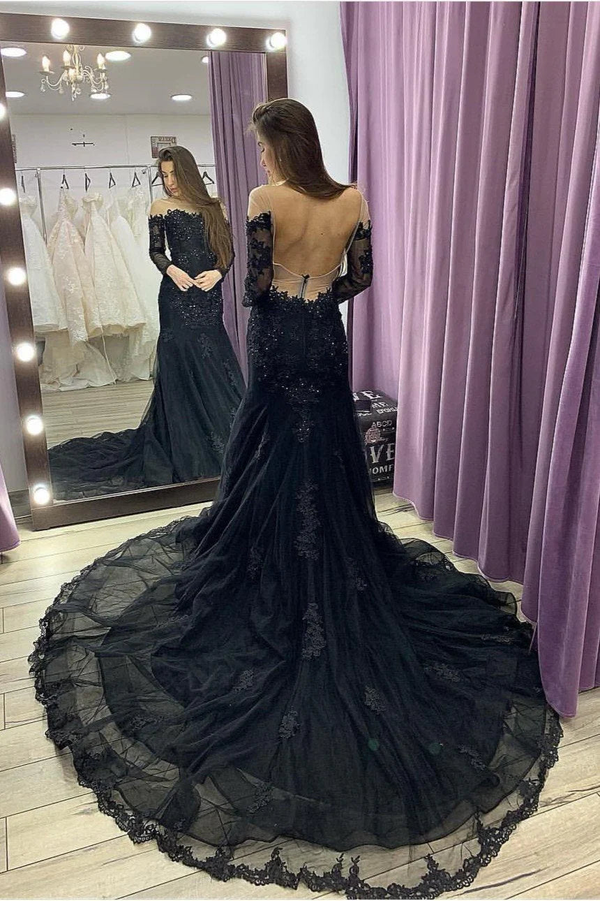 Vintage Mermaid Scoop Neck Long Sleeve Backless Chapel Train Wedding Dress
