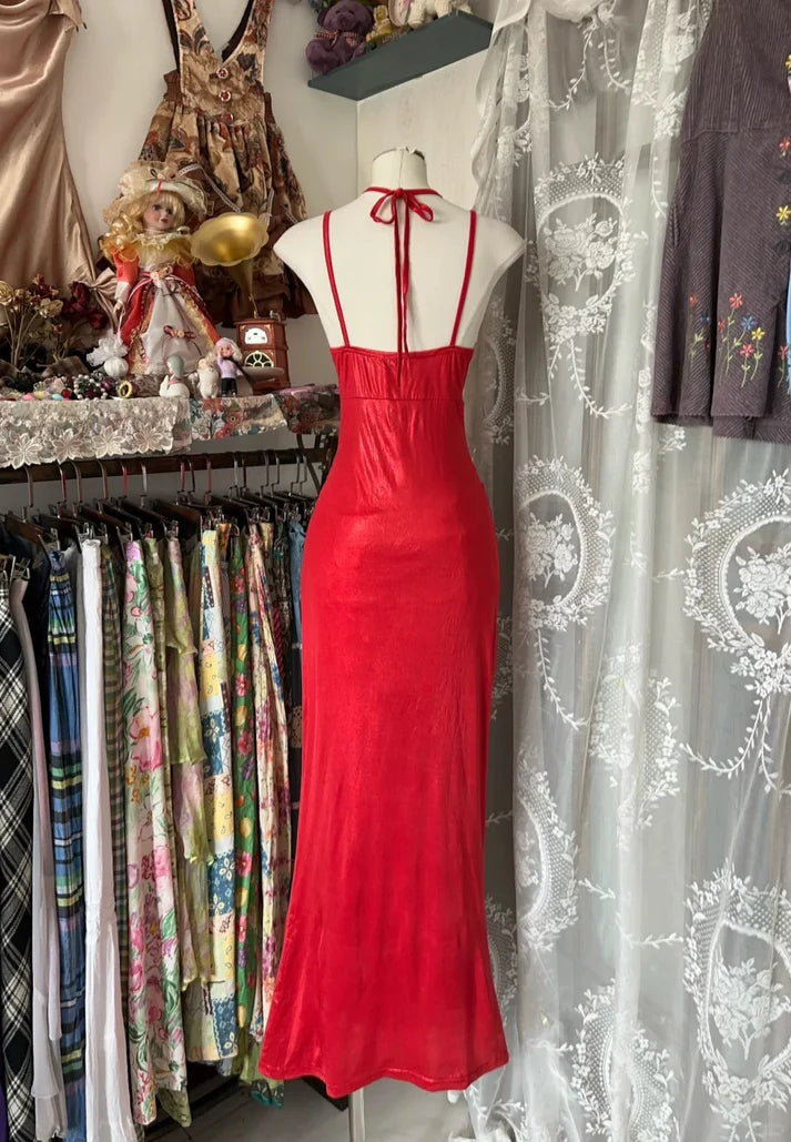 Vintage Mermaid Spaghetti Straps Backless Satin Red Long Party Dress