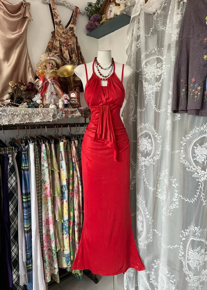 Vintage Mermaid Spaghetti Straps Backless Satin Red Long Party Dress