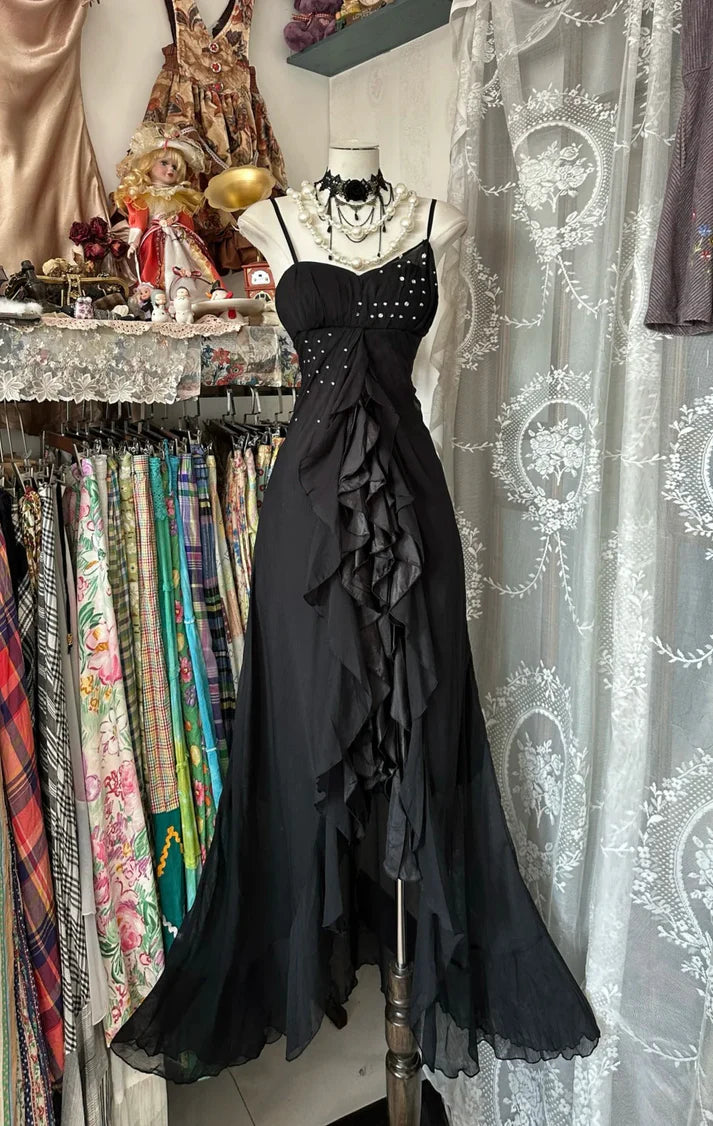 Vintage Mermaid Spaghetti Straps Ruffle Chiffon Black Long Party Dress