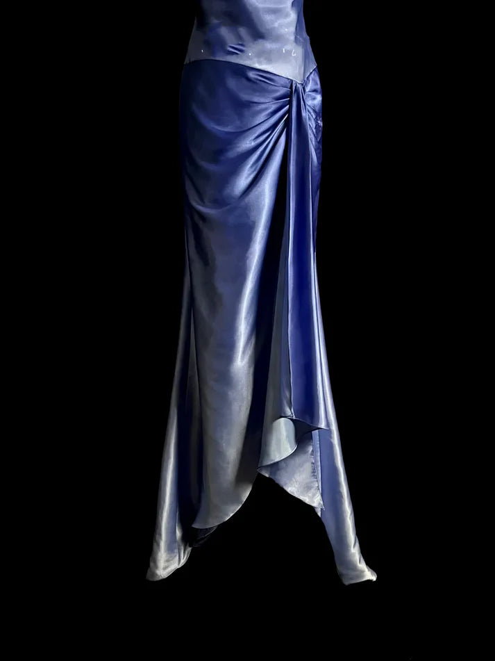Vintage Mermaid Spaghetti Straps Ruffles Satin Long Prom Dress Evening Dress
