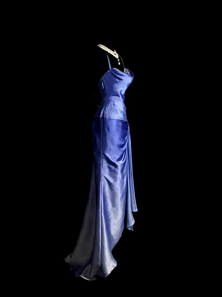 Vintage Mermaid Spaghetti Straps Ruffles Satin Long Prom Dress Evening Dress