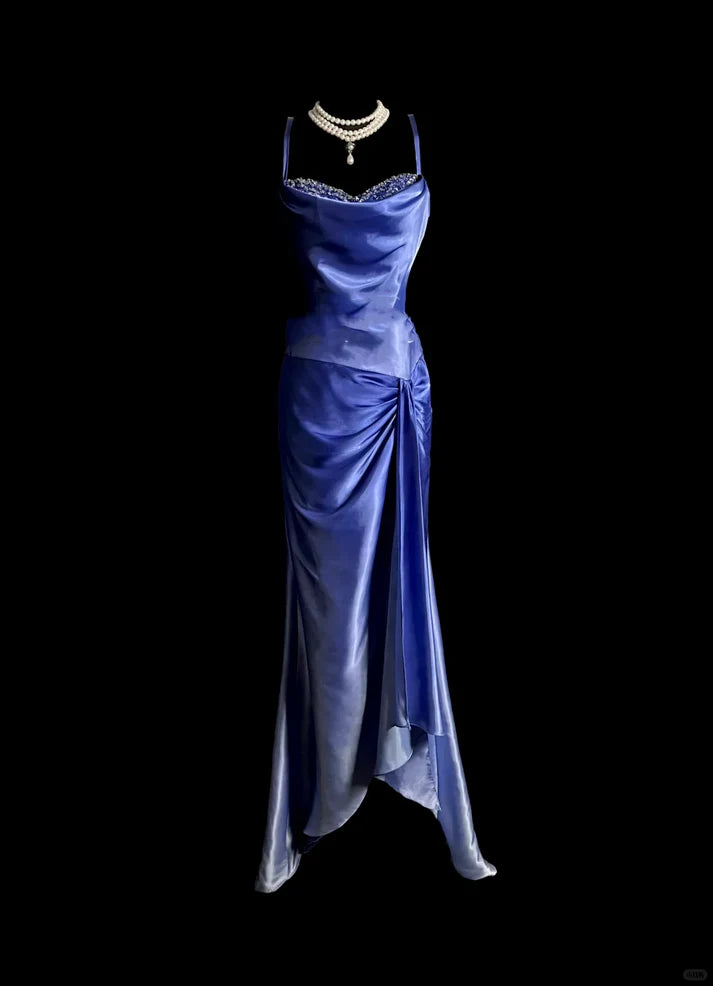 Vintage Mermaid Spaghetti Straps Ruffles Satin Long Prom Dress Evening Dress