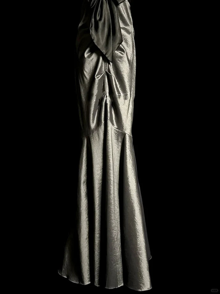Vintage Mermaid Spaghetti Straps Satin Gray Long Evening Dress Prom Dress