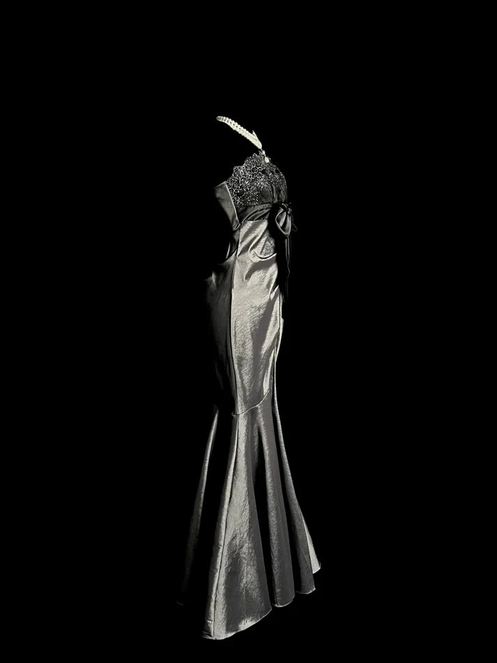 Vintage Mermaid Spaghetti Straps Satin Gray Long Evening Dress Prom Dress