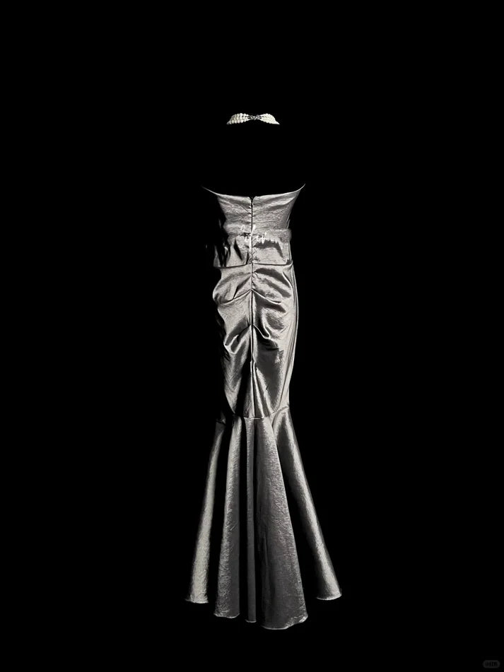 Vintage Mermaid Spaghetti Straps Satin Gray Long Evening Dress Prom Dress