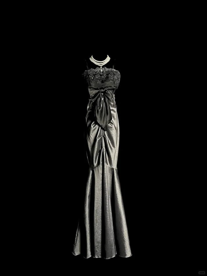 Vintage Mermaid Spaghetti Straps Satin Gray Long Evening Dress Prom Dress