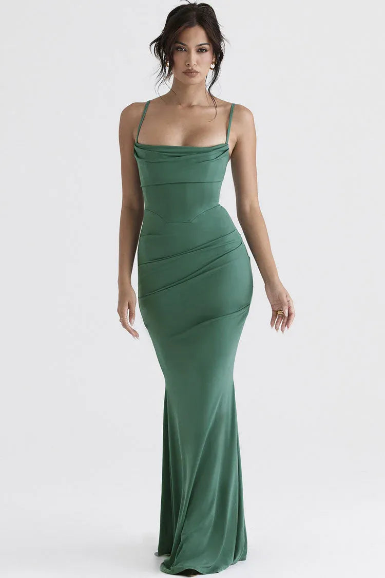 Vintage Mermaid Square Neck Spaghetti Strap Corset Ruched Green Floor-Length Prom Dress
