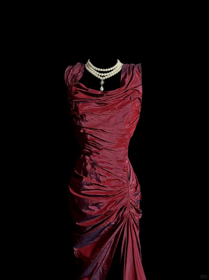 Vintage Mermaid Square Neck Taffeta Burgundy Long Prom Dress Evening Dress