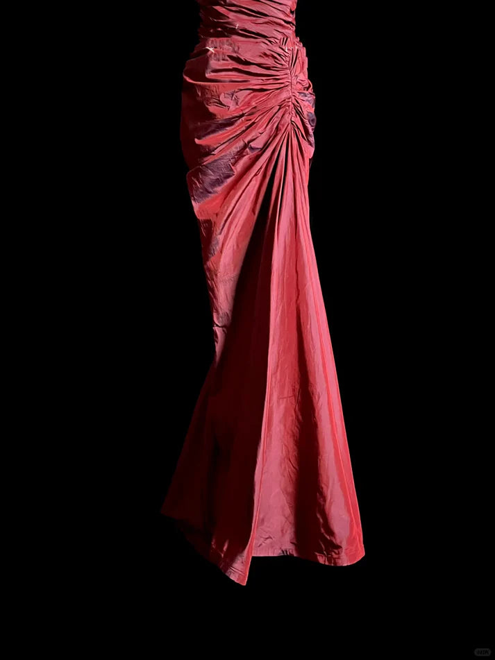 Vintage Mermaid Square Neck Taffeta Burgundy Long Prom Dress Evening Dress