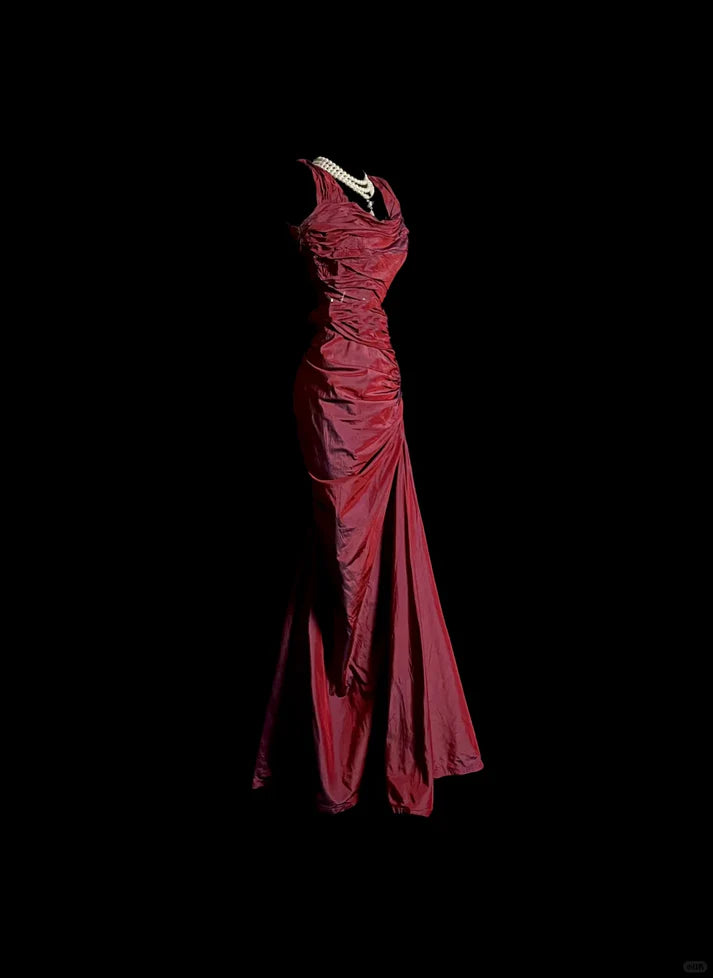 Vintage Mermaid Square Neck Taffeta Burgundy Long Prom Dress Evening Dress